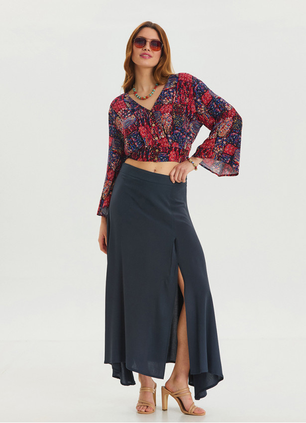 Zipper Detailed Slit Anthracite Asymmetric Skirt 4637